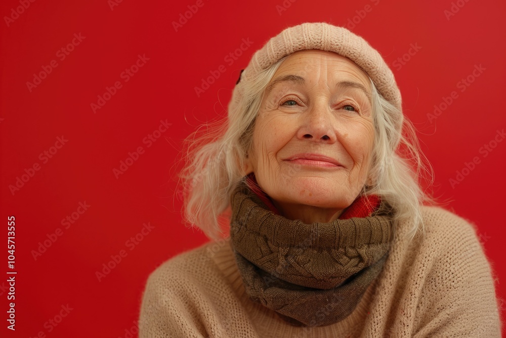 A woman wearing a hat and a scarf, perfect for editorial use or as a placeholder in your design project A woman wearing a hat and a scarf, perfect for editorial use or as a placeholder in your design project