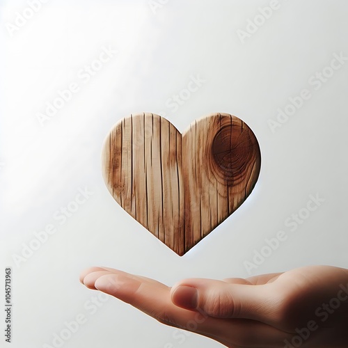 This rustic wooden heart floats elegantly in mid-air, revealing its intricate wood grain and textures. The bright white background amplifies the warmth of the earthy tones, delivering a charming visua photo