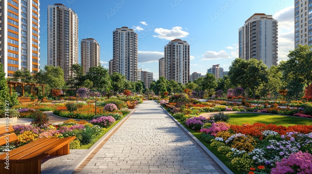 Fototapeta premium A paved walkway winds through a lush, blooming park with high-rise buildings in the background.