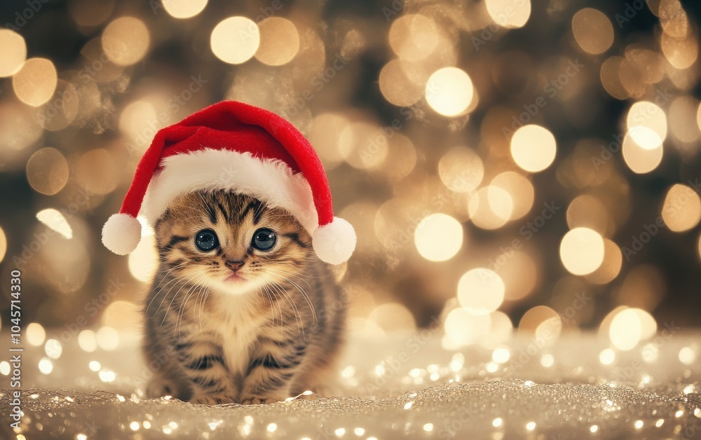 An innocent kitten wearing a Santa red hat, embodying the spirit of Christmas celebration, with its black eyes and nose contrasting against its light brown fur An innocent kitten wearing a Santa red hat, embodying the spirit of Christmas celebration, with its black eyes and nose contrasting against its light brown fur