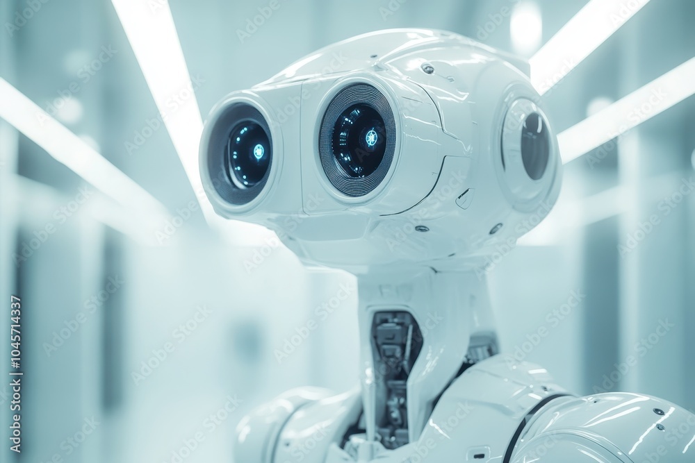Futuristic robot with large expressive eyes in a sleek, modern environment during daytime Futuristic robot with large expressive eyes in a sleek, modern environment during daytime