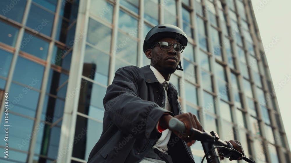 A businessman rides a scooter, casual attire amidst urban setting A businessman rides a scooter, casual attire amidst urban setting