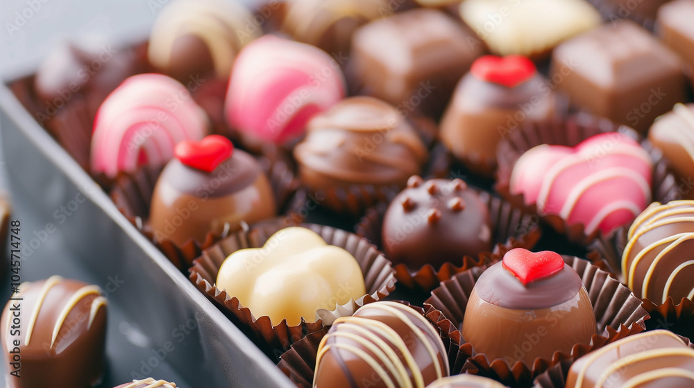 Chocolates assortment in a box showcasing various sweets and flavors decorated delicately for an elegant presentation Chocolates assortment in a box showcasing various sweets and flavors decorated delicately for an elegant presentation
