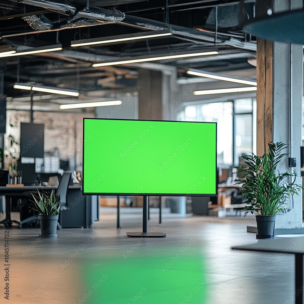 Modern open office space with a large green screen monitor for presentations and digital content creation. Modern open office space with a large green screen monitor for presentations and digital content creation.