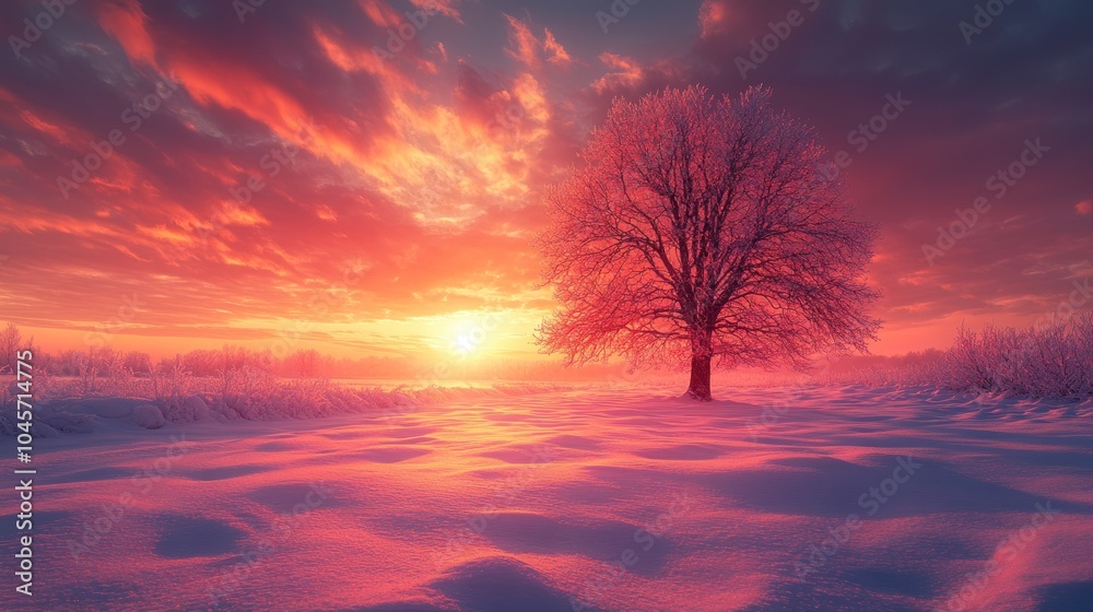 Fototapeta premium A serene winter landscape with a solitary tree at sunset, casting a tranquil atmosphere.