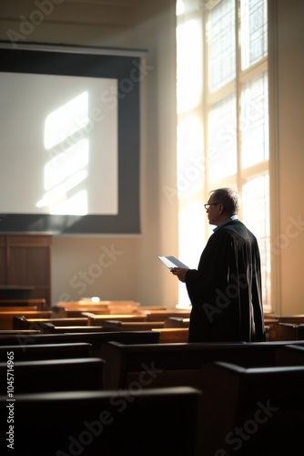 In a quiet lecture hall illuminated by sunlight, a man dressed formally stands holding notes, seemingly preparing for an upcoming presentation or discussion photo