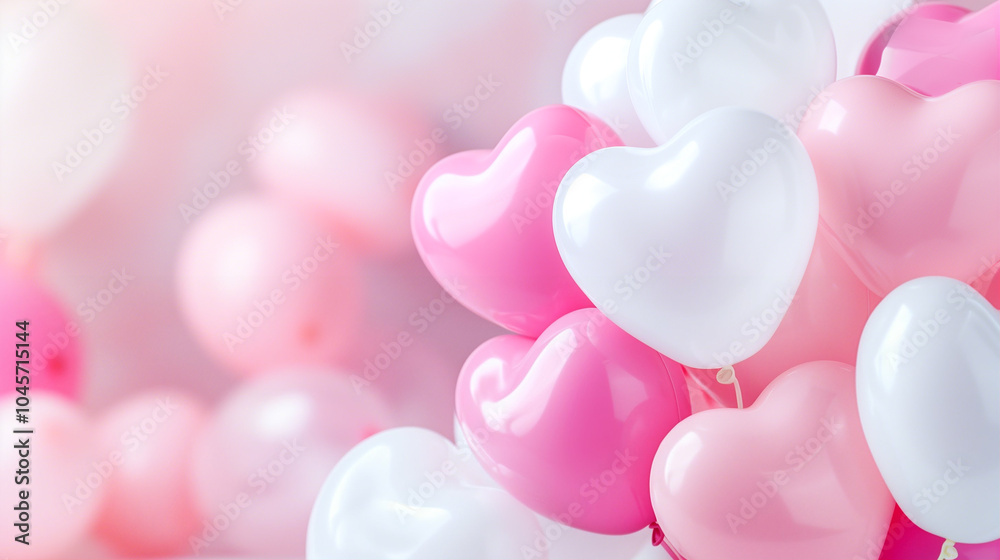 Heart-shaped balloons in pink and white hues floating against a soft background for celebrations and romantic occasions Heart-shaped balloons in pink and white hues floating against a soft background for celebrations and romantic occasions