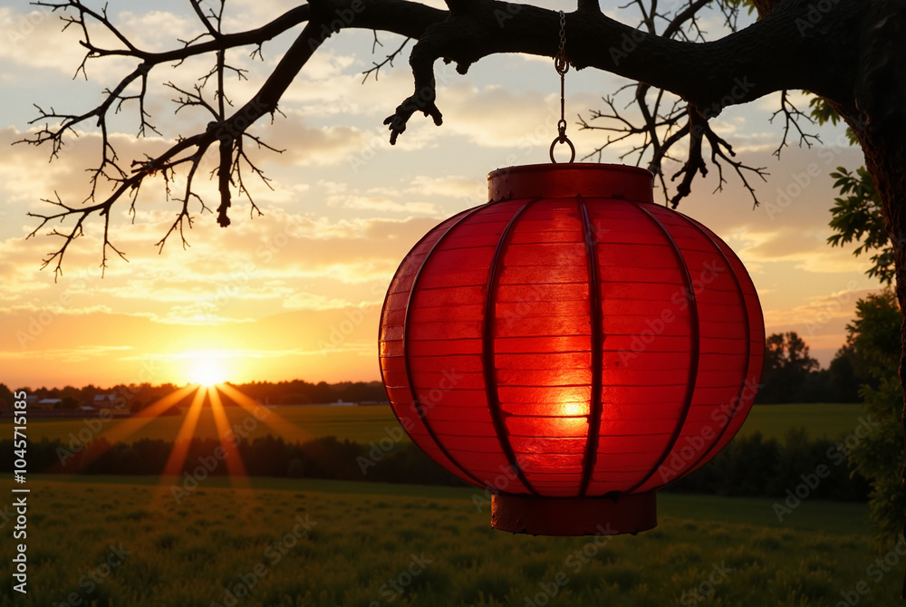 Obraz premium Red lantern hanging from a tree branch at sunset, creating a festive atmosphere for Lunar New Year