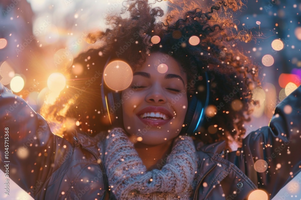 A woman bundled up in winter clothing, wearing headphones and a scarf, in snowy surroundings A woman bundled up in winter clothing, wearing headphones and a scarf, in snowy surroundings
