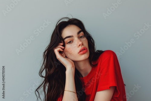 A woman poses in a bright red shirt, ready for her close-up