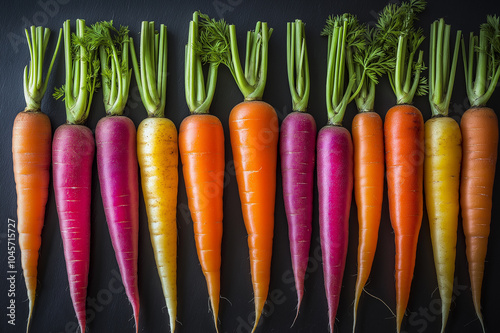 Colorful array of heirloom carrots with vibrant orange, yellow, and purple shades arranged neatly in a row, perfect for organic farming and healthy eating promotions. photo