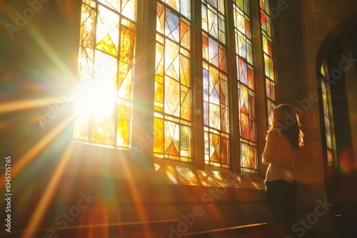 Soft sunlight filters through vibrant stained glass, casting colorful patterns inside the church while a woman stands in quiet reflection