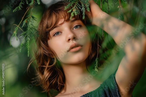 A woman wearing a green dress looks directly at the camera