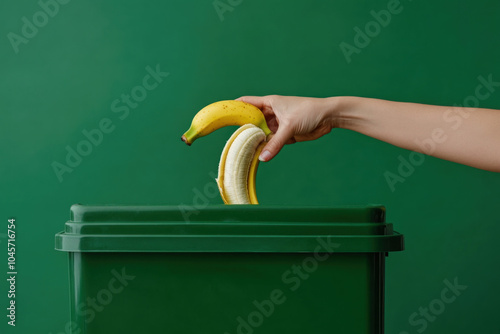 Person discarding a banana into green trash can. photo