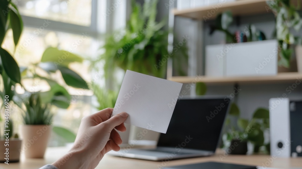 A hand holds a thank you note, surrounded by lush plants and natural light in a cozy office setting. A hand holds a thank you note, surrounded by lush plants and natural light in a cozy office setting.