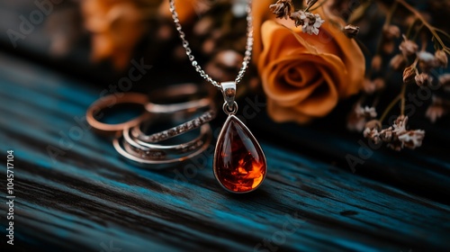 A silver necklace with an amber pendant and three silver rings rest on a blue wooden surface with an orange rose in the background.