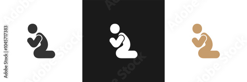 Man praying and praising God on knees silhouette set vector illustration