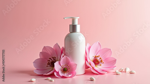 White bottle surrounded by pink flowers, stylish design for skincare branding.