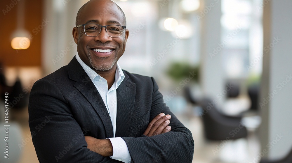 Confident Man Smiling in Modern Office Environment Confident Man Smiling in Modern Office Environment