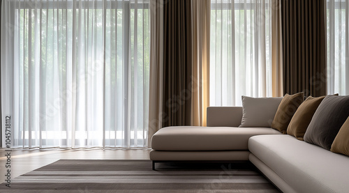 Modern living room interior with neutral tones and minimalist design, featuring a cozy white sofa, floor-to-ceiling curtains, and accent pillows, perfect for home decor inspiration. photo