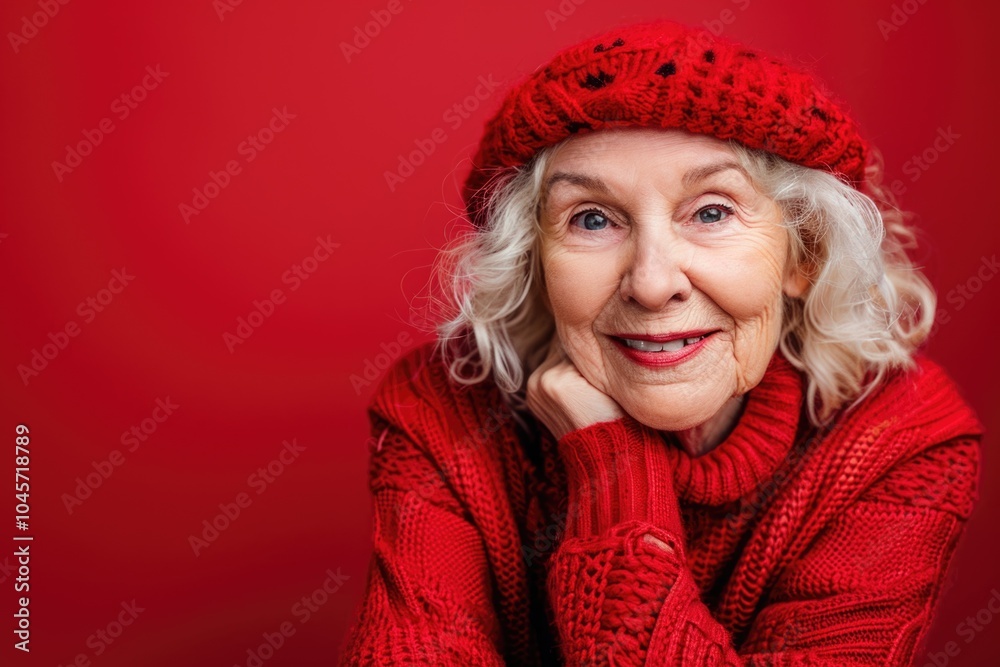 A woman wearing a red sweater and matching hat, looking casual and relaxed A woman wearing a red sweater and matching hat, looking casual and relaxed