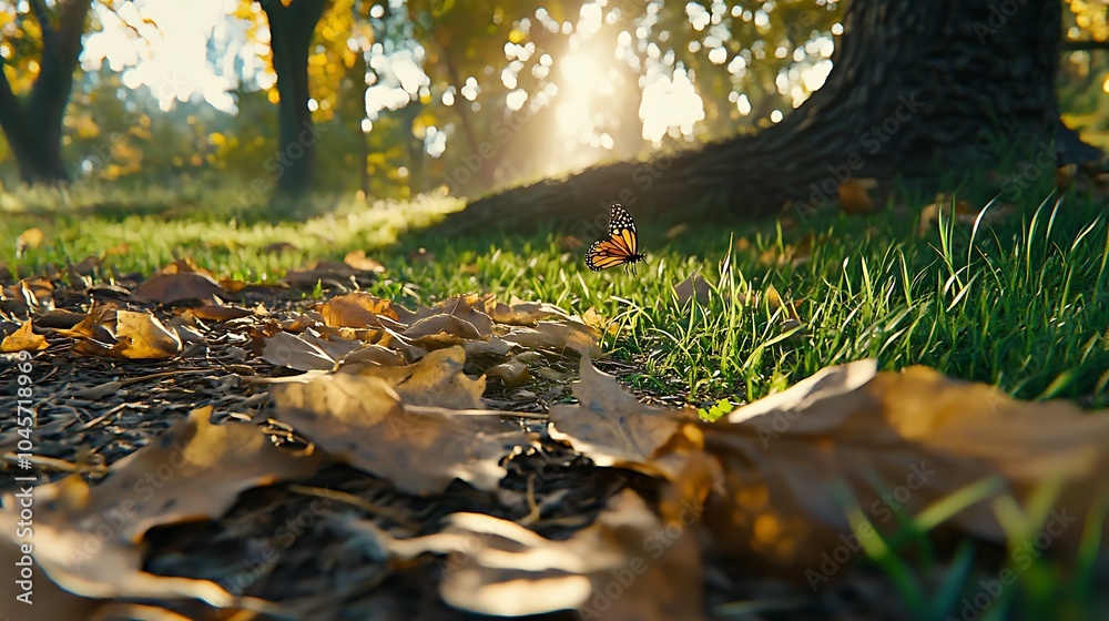 Butterfly Flying Over Autumn Leaves in Sunlight