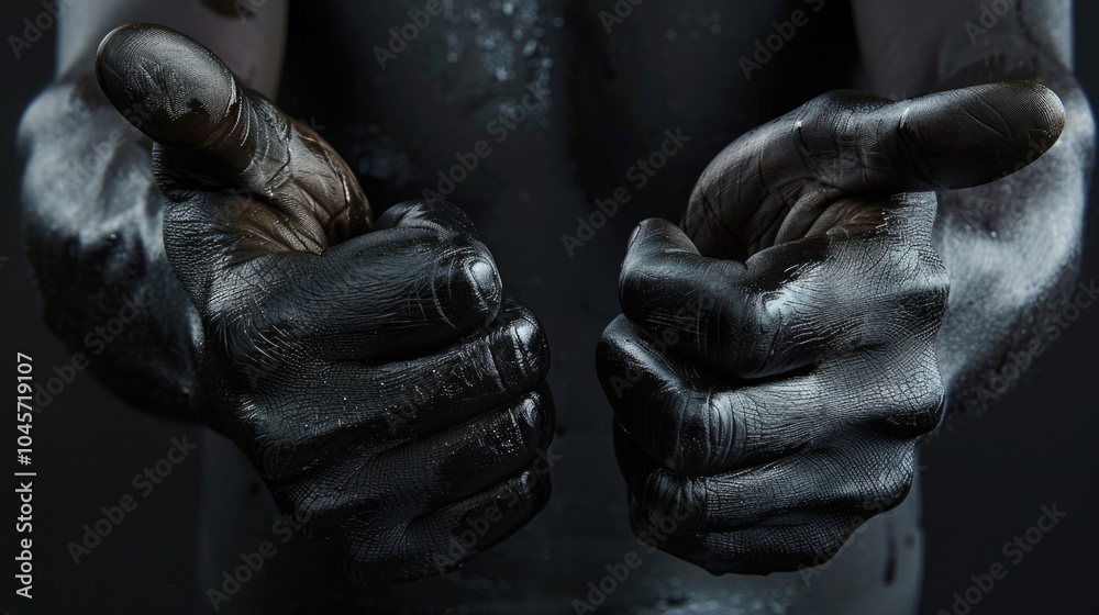 A close-up shot of a person's hands with black paint applied A close-up shot of a person's hands with black paint applied