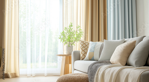 Cozy living room with sunlight streaming through sheer curtains, highlighting a white sofa with throw pillows, plants, and a view of nature, ideal for home decor inspiration. photo