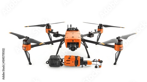 A lineup of advanced rescue drones and their specialized accessories such as deployment mechanisms showcased on a clean minimalist white background