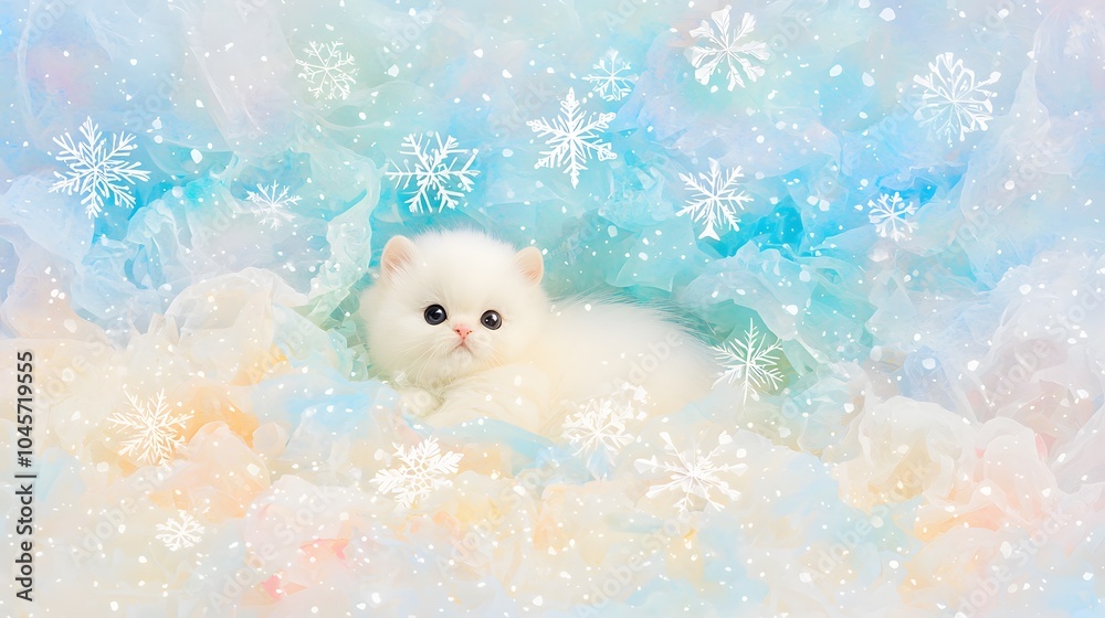 Cat and Snowflakes : “2025”. A white Persian cat surrounded by delicate paper snowflakes. Ethereal and magical. Copy space for winter wishes. Cat and Snowflakes : “2025”. A white Persian cat surrounded by delicate paper snowflakes. Ethereal and magical. Copy space for winter wishes.