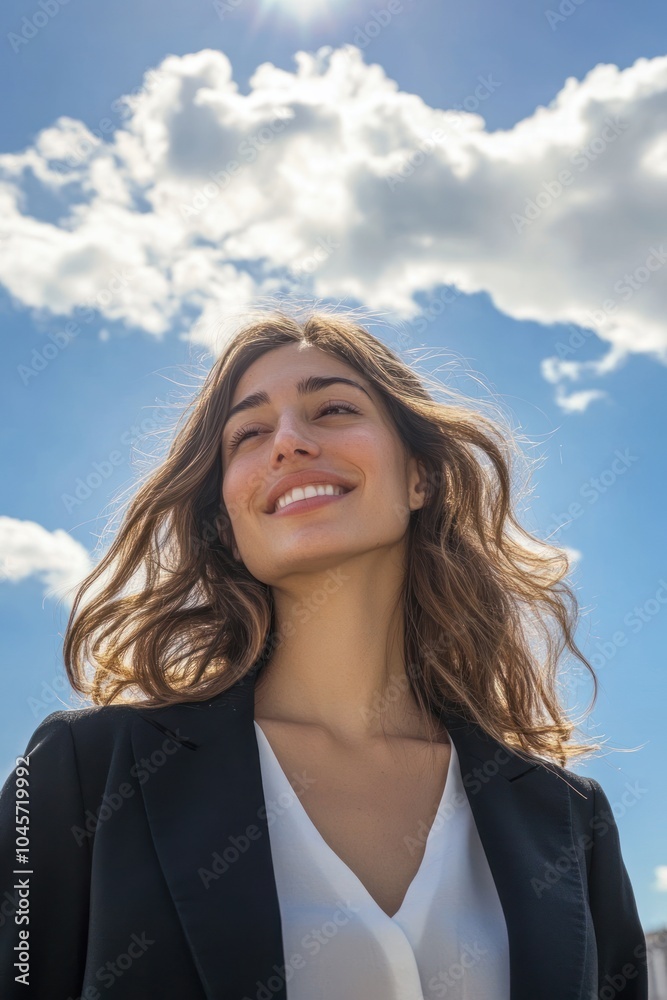 portrait of a businesswoman with medium wavy hair standing while smiling proudly, she is looking at a far, low angle shot, in vertical 2:3 aspect ratio portrait of a businesswoman with medium wavy hair standing while smiling proudly, she is looking at a far, low angle shot, in vertical 2:3 aspect ratio