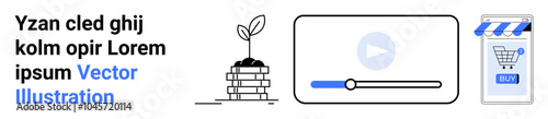 Growing plant on stacked layers, video player with play button, and online shopping cart on mobile. Ideal for growth concepts, video content, e-commerce, online shopping, digital platforms. Banner