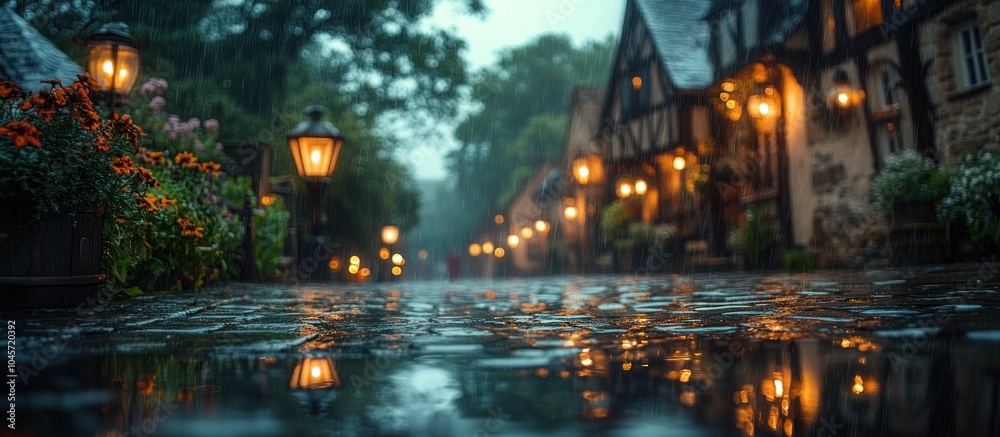 A serene, rainy street scene with glowing lanterns and vibrant flowers. A serene, rainy street scene with glowing lanterns and vibrant flowers.