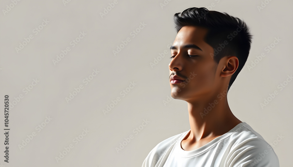 Serene young man in meditation pose isolated with white highlights, png Serene young man in meditation pose isolated with white highlights, png