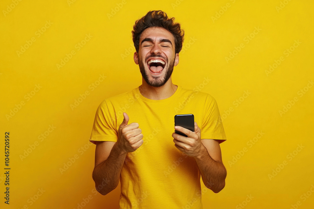 Man in yellow shirt laughing, holding cell phone, surrounded by friends at a lively party. Bright colors, happy atmosphere. Man in yellow shirt laughing, holding cell phone, surrounded by friends at a lively party. Bright colors, happy atmosphere.