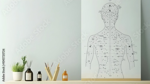 Acupuncture meridian chart hanging on the wall in a minimalist serene wellness room setting  The chart represents the holistic approach of traditional Chinese medicine