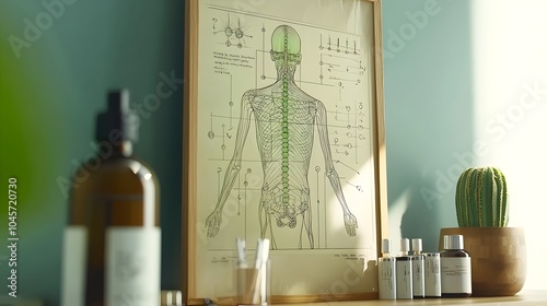 Acupuncture meridian chart hanging on the wall in a serene minimalist wellness room promoting traditional Chinese medicine holistic healthcare and natural healing practices
