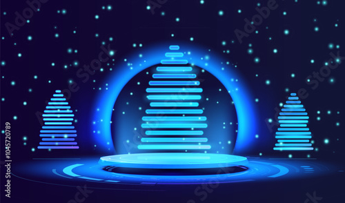 Ai technology and business holiday vector background with display podium. Happy holiday trees in high tech style banner. Neon lamps futuristic holiday business card. Merry Christmas and Happy New Year