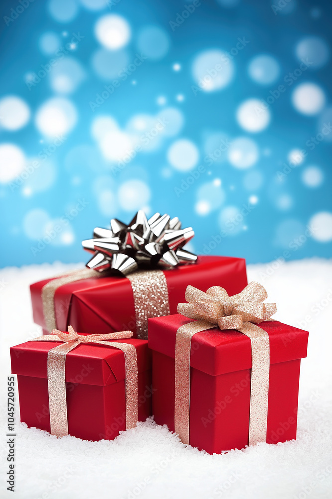 Beautifully wrapped red gift boxes with bows on a snowy surface during the holiday season Beautifully wrapped red gift boxes with bows on a snowy surface during the holiday season