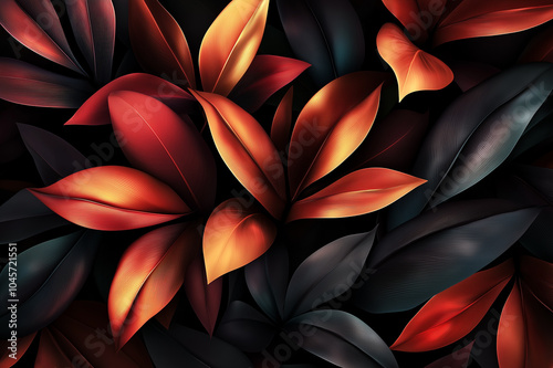 Abstract vibrant leaves in red, orange, and black tones, showcasing a dynamic nature-inspired pattern with modern design elements, ideal for backgrounds, posters, and digital artwork. photo