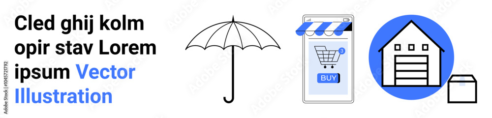 An umbrella, a mobile phone with a shopping cart icon, a warehouse, and a package. Ideal for e-commerce, delivery services, online shopping, storage solutions, and protection. Banner for landing page An umbrella, a mobile phone with a shopping cart icon, a warehouse, and a package. Ideal for e-commerce, delivery services, online shopping, storage solutions, and protection. Banner for landing page