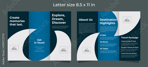 Trifold brochure template for travel compagny in blue and dark teal colors