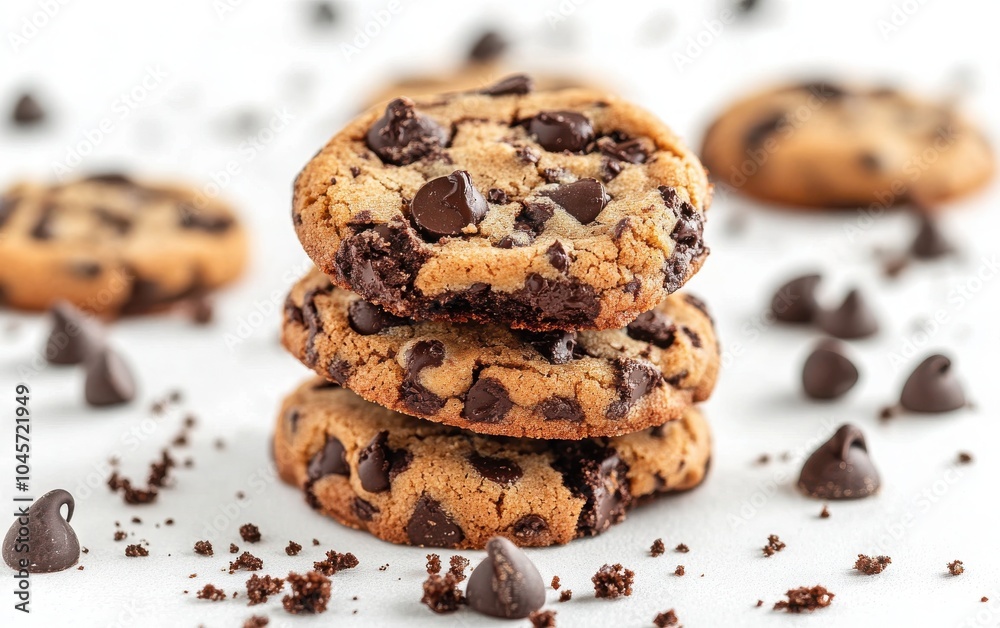 A visually appealing collection of dark chocolate chip cookies, featuring a stack with crumbs artistically placed around them A visually appealing collection of dark chocolate chip cookies, featuring a stack with crumbs artistically placed around them