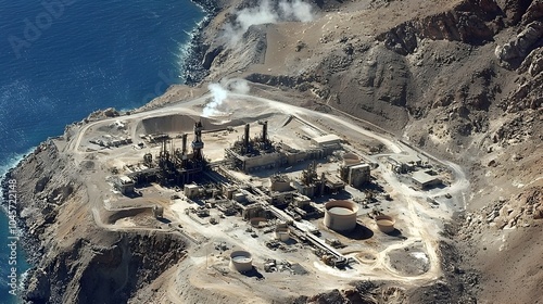 Aerial view of an oil facility surrounded by military defenses emphasizing the critical need for security and protection of vital energy infrastructure photo