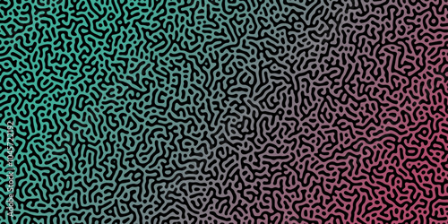Abstract Reaction-diffusion Turing pattern natural texture green and red gradient color scheme. Linear design with biological algorithm psychedelic background. Reaction-diffusion or truing patter