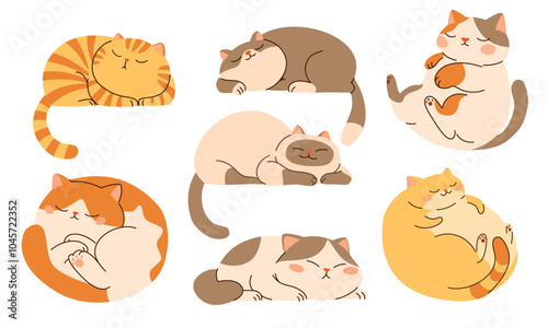 Set of flat vector illustrations in children's style. Cute sleeping cats on white background . Vector illustration