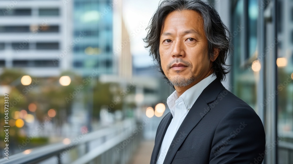 企業マーケティングのために、街並みを背景に屋外に立つ自信のあるビジネスマン 企業マーケティングのために、街並みを背景に屋外に立つ自信のあるビジネスマン