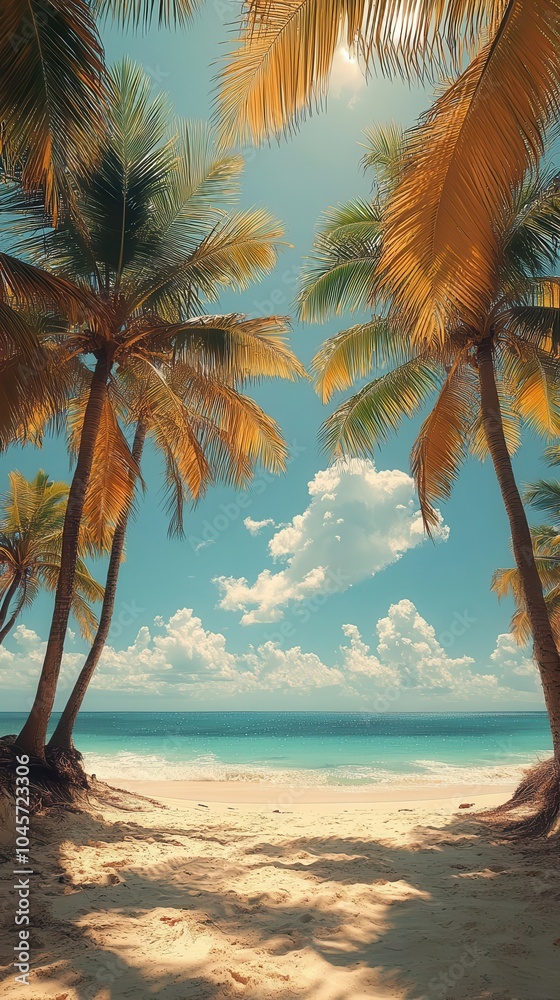 tropical beach view from beneath swaying palm trees with a vintage filter capturing a sunny summer day the sandy shore glimmers under a bright blue sky inviting relaxation and adventure tropical beach view from beneath swaying palm trees with a vintage filter capturing a sunny summer day the sandy shore glimmers under a bright blue sky inviting relaxation and adventure