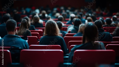 A large audience in a theater focuses on the front stage during a presentation, with rows of red seats reflecting the ambiance of the event