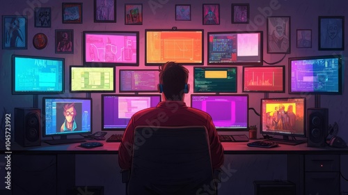 A futuristic workspace filled with vibrant monitors displaying various codes and graphics, featuring a focused individual.